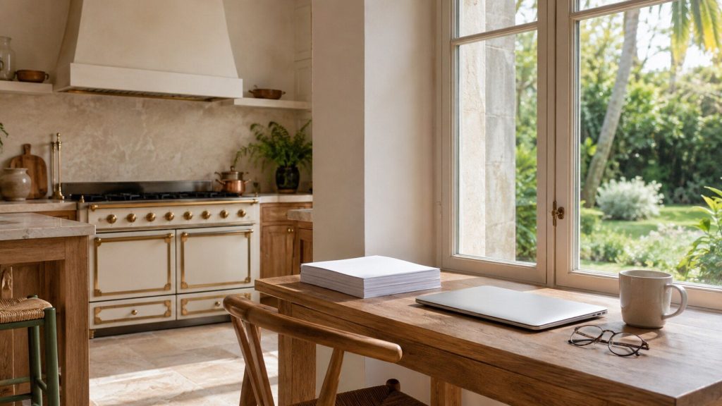 A wide writing desk set against a tall window in bright daylight: a stack of thick unmarked paper booklets, a closed laptop, a pair of reading glasses and a mug, with a green garden out of focus beyond the glass.