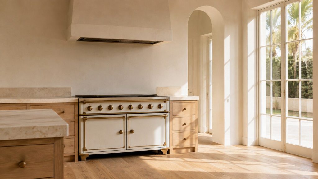 A wide view across a bright warm-cream South Florida kitchen in late morning daylight.