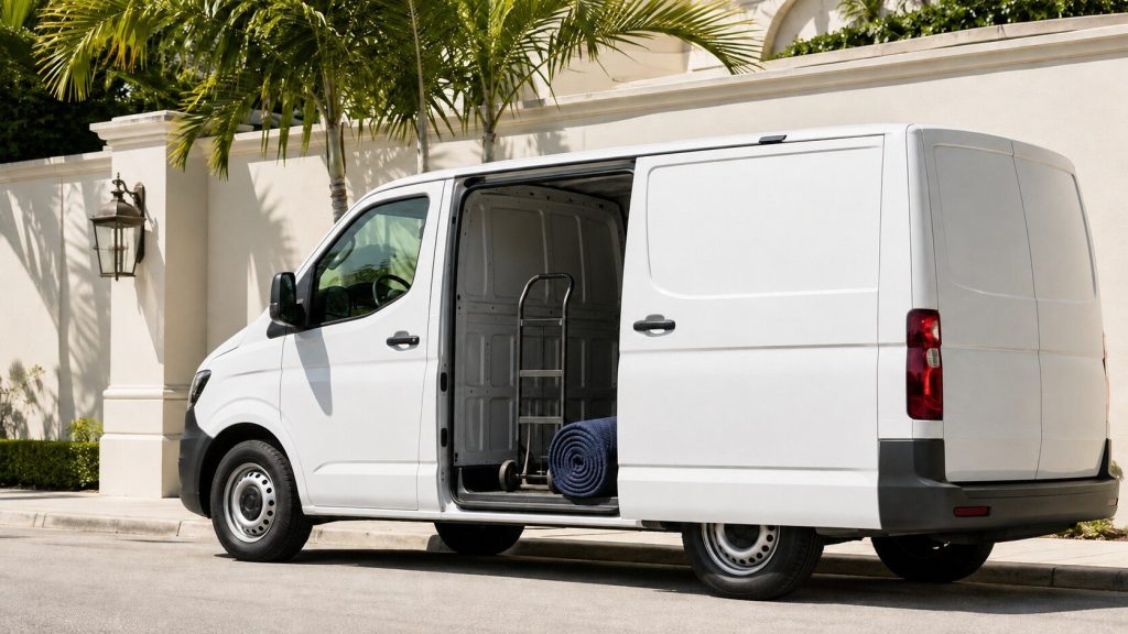 The open side door of a white service van at a kerb on a bright South Florida street, a hand truck and a rolled moving blanket standing on the tailboard, palms and a pale stucco wall behind.