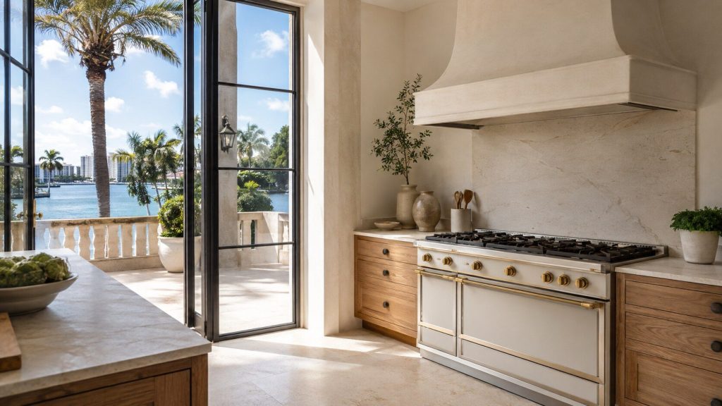 A bright waterfront South Florida kitchen with tall glass doors open onto a terrace, the Intracoastal and palms beyond, a hand-built range cooker with brass trim against the inland wall.