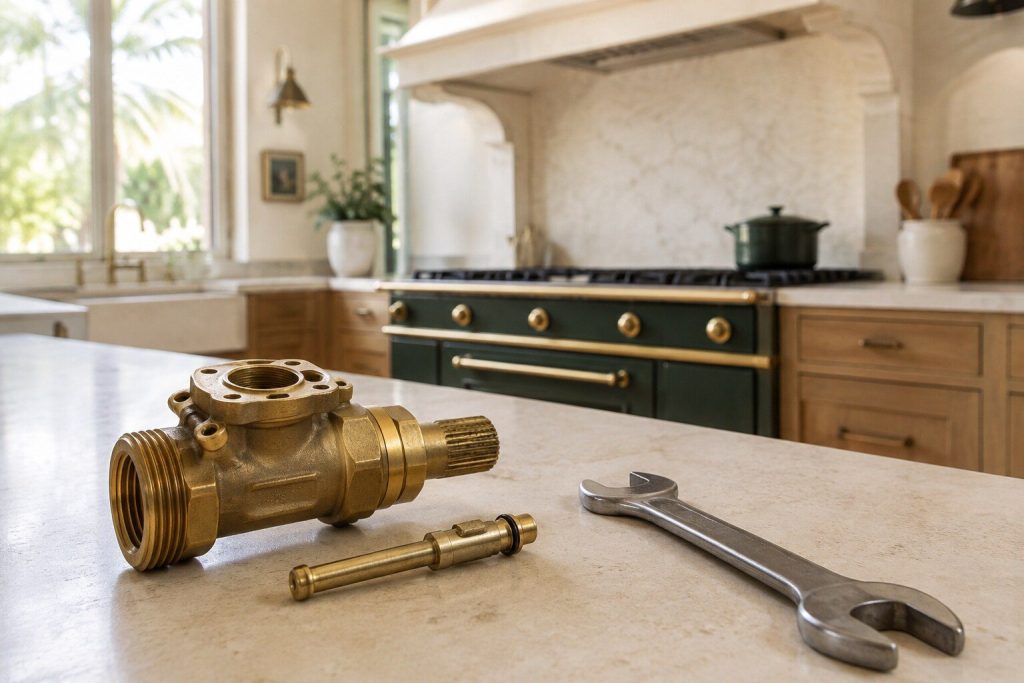 A brass mechanical gas valve and its stem lying on a clean workbench in daylight beside an open-ended spanner, no wiring of any kind attached to it.
