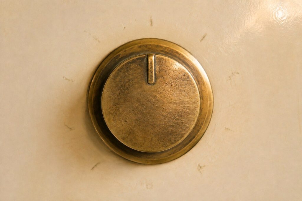A single round brass oven dial on an enameled fascia, photographed square on and very close in warm daylight, the engraved marks around it soft and worn past reading.