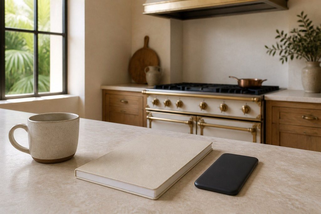 A closed notebook and a plain dark phone face down on a pale limestone counter beside a cup, warm daylight from a window to the left.