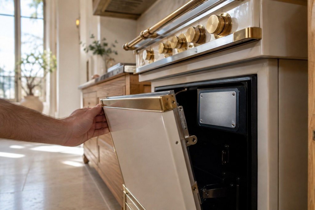 A hand holding open the lower door of a range in daylight to show the blank metal plate riveted to the inside of the frame behind it.