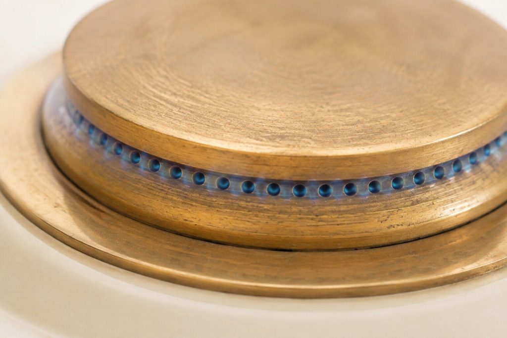 A single brass burner crown burning with a small even blue flame, photographed very close in bright daylight so the flame is pale and hard to see.