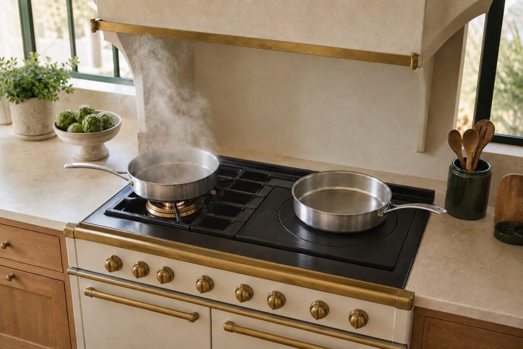 Two identical steel pans standing side by side on one cooking top, the left on an open brass burner crown and the right on a solid cast-iron plate, photographed from above at an angle.