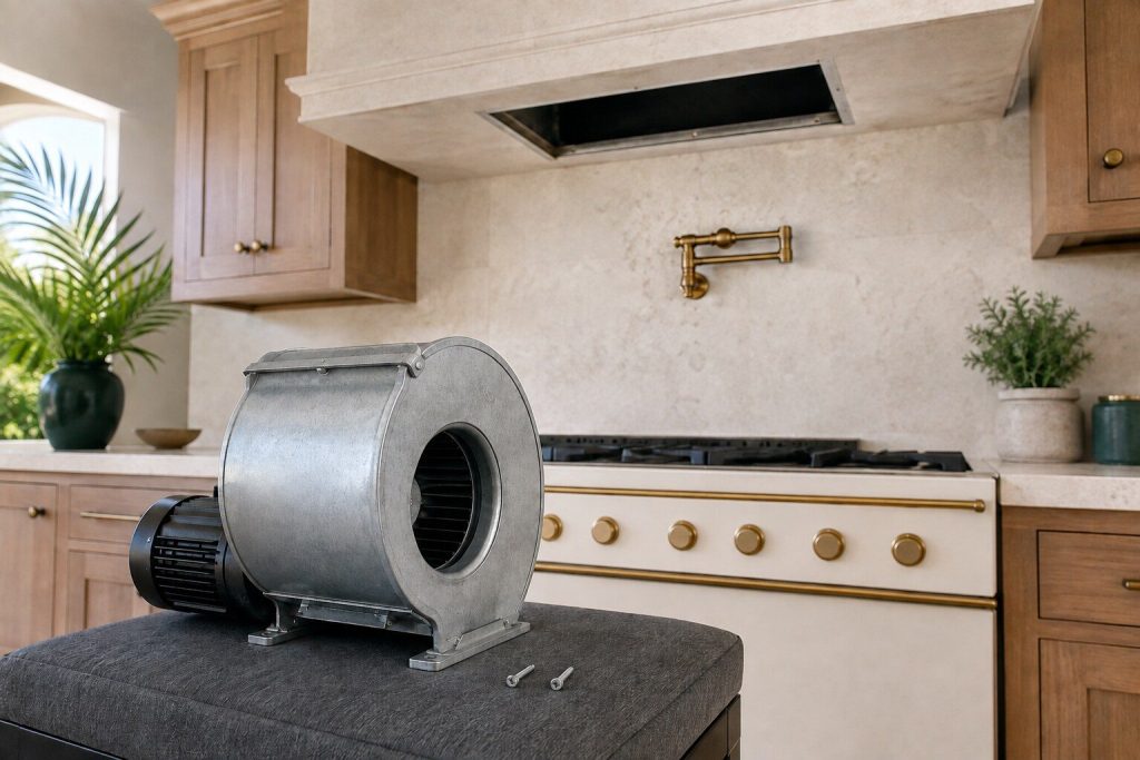 A blower scroll and its motor lowered out of the underside of a hood canopy and resting on a padded step platform, the empty aperture above it dark.