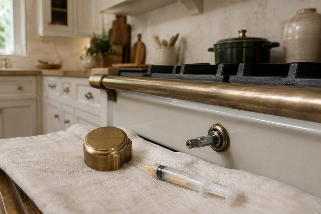 A round brass knob lying on a cloth next to the bare splined valve stem it was pulled from on the front rail of a range, a small syringe of pale grease beside them.