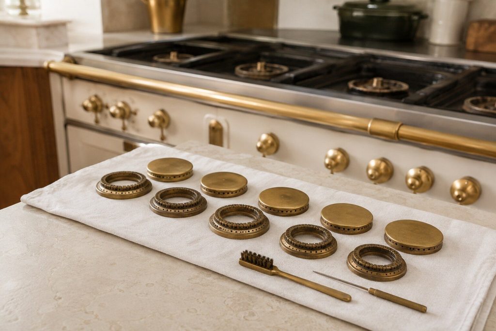 Brass burner caps and crowns lifted off and laid out in a neat row on a white cloth on a limestone counter beside the range, with a small brass brush and a port pick beside them.