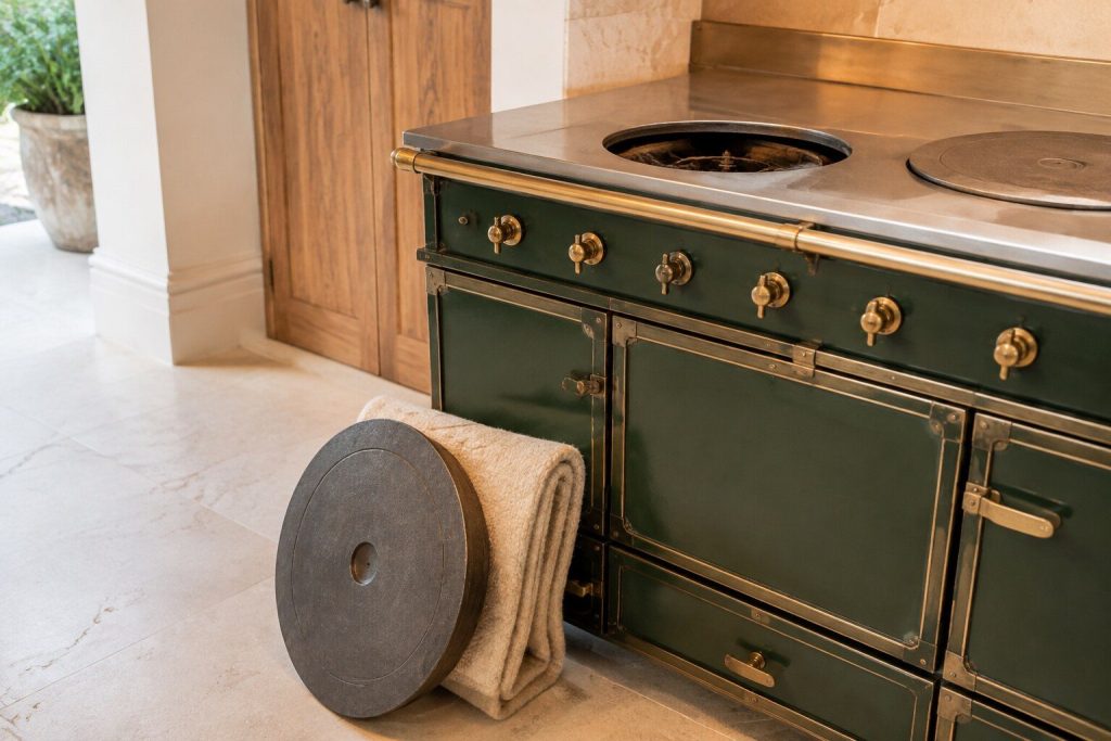 A heavy round cast-iron plate lifted clear of the range and standing on edge against a folded blanket on the floor, the empty ring and burner it came off visible above in the steel top.