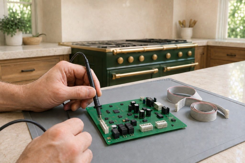 A green control board on a gray antistatic mat on a bench with one meter probe touched to a connector pin, ribbon cables coiled to one side.