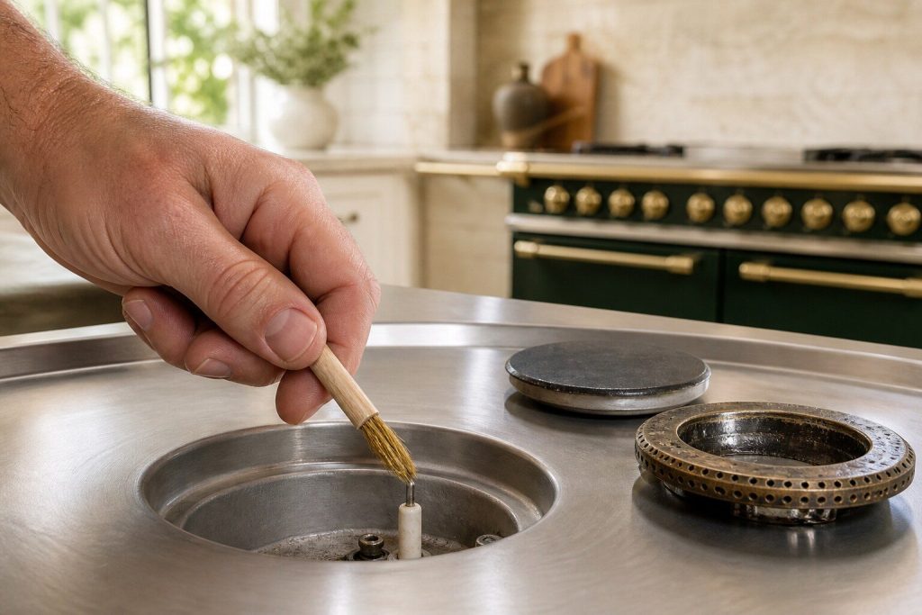A small brass brush cleaning the tip of an ignition electrode in an empty burner well, the cap and crown set aside on the steel top beside it.