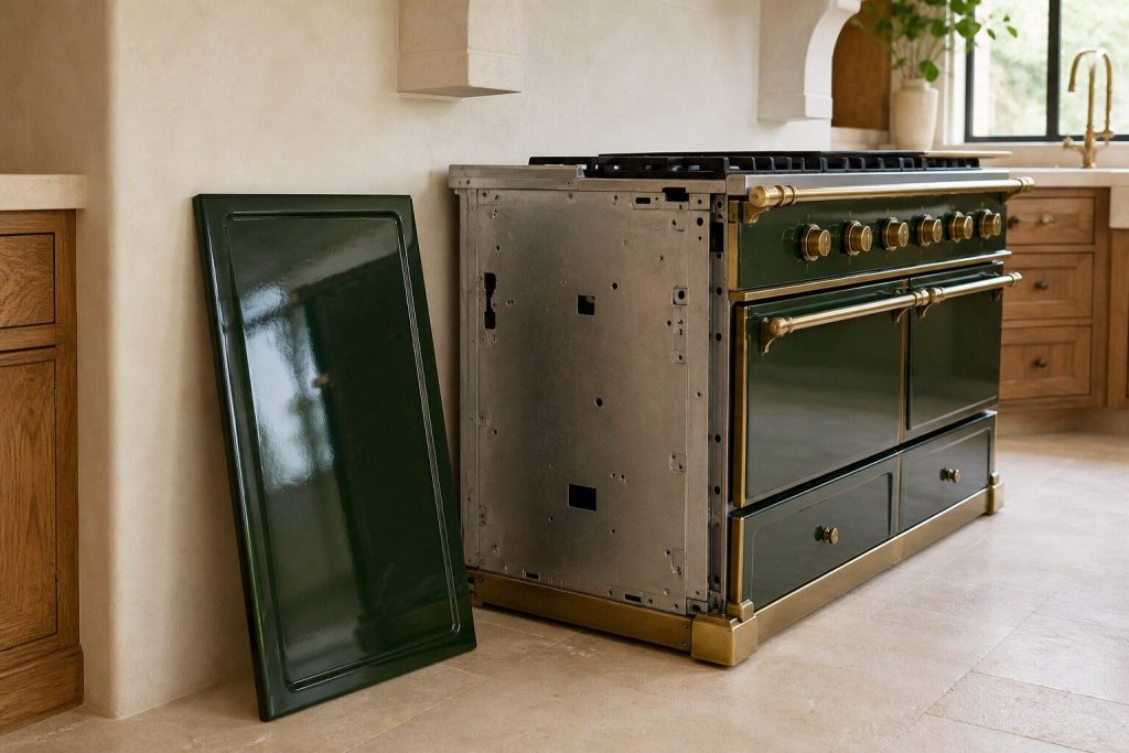 A colored enameled side panel unbolted and leaning against a plastered wall, the bare steel carcass of the range it came off standing beside it with its fixing holes visible.