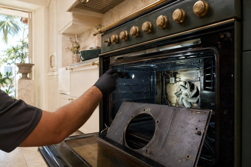 The rear baffle plate removed from inside an oven cavity and propped against the door opening, the fan blade and motor shaft it was covering exposed on the back wall.