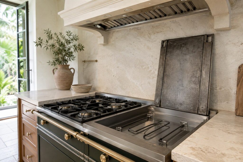A solid steel griddle plate lifted out and resting upended against the counter, the flat heating element and its retaining clips exposed in the empty well below.
