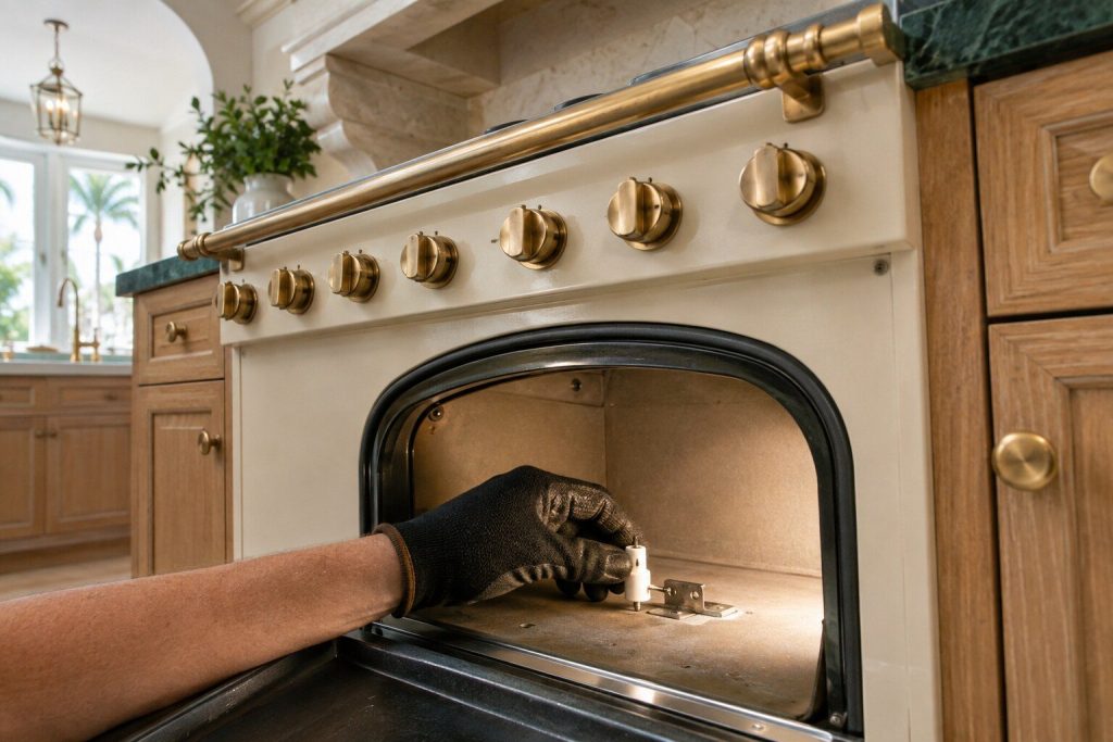 A gloved hand seating a small ceramic igniter onto its bracket at the back of the floor of an arched oven cavity, lit only by a torch held out of frame.