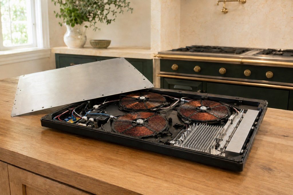 The underside of an induction cooking panel lying face down on a bench, its wound copper coils and a finned aluminum heatsink exposed under a lifted cover plate.