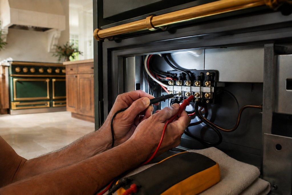 Two multimeter probes held against adjacent screws of a terminal strip inside an opened rear panel of a range, the meter body lying face away from the camera on a cloth.