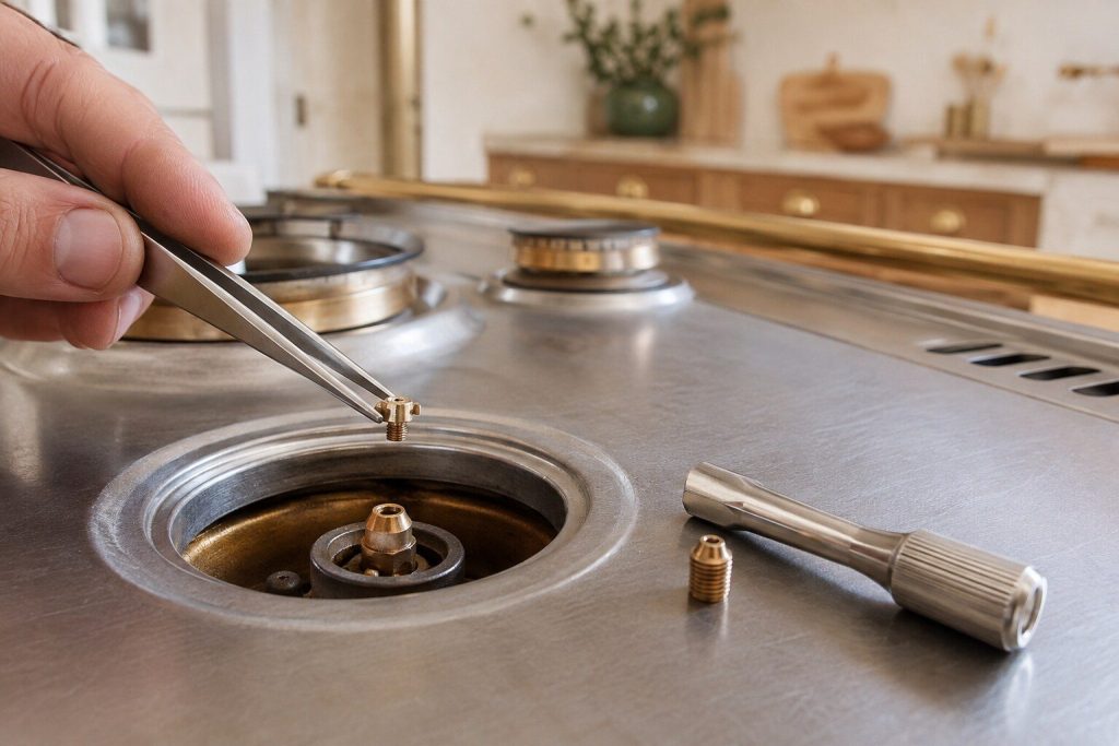 A tiny brass orifice held in fine tweezers directly over an open burner well, a nut driver and a second orifice lying on the steel top beside it.