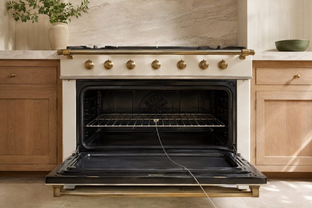 A thin thermocouple probe taped flat to the center of a wire oven shelf, its lead running forward over the door frame.