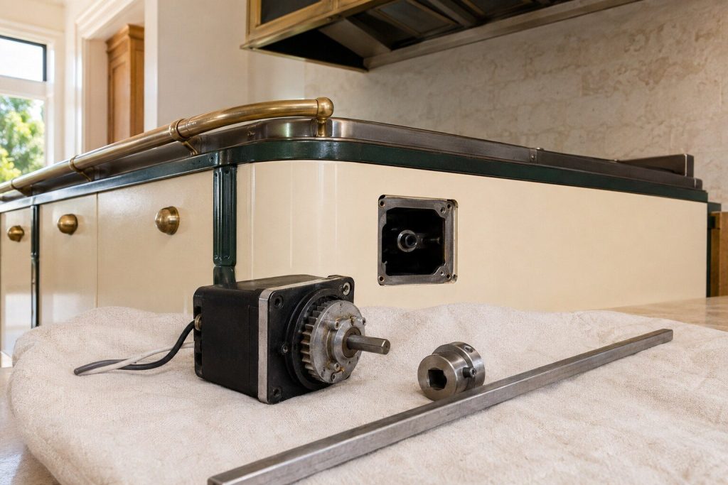 A small geared motor with its spit coupling and a square spit rod lying on a cloth on the counter, withdrawn from the empty housing behind them in the side of the range.