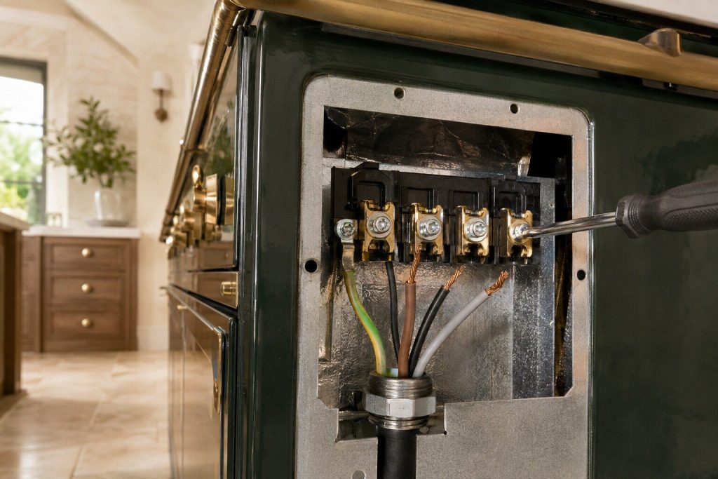 A terminal block behind an opened rear panel with three stranded cores backed out of their clamps and a screwdriver resting in the fourth, the cable gland below.