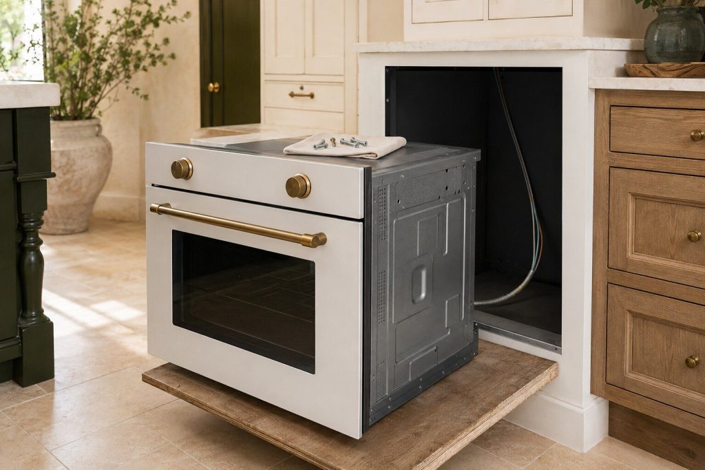 A built-in electric oven pulled forward out of its cabinet housing onto a board, its fixing screws lying on a cloth on top of it and a loom of cable trailing back into the dark opening behind.