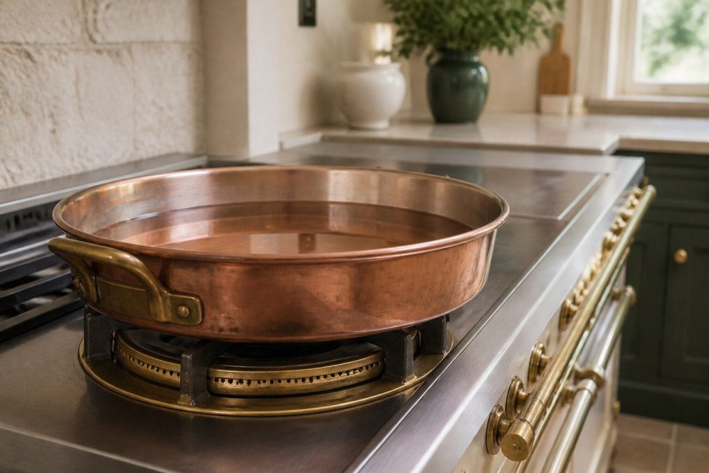 A wide copper pan of water standing on an open brass burner crown with no flame at all beneath it, photographed close from the side in bright daylight, the steel top of the range running away out of focus.