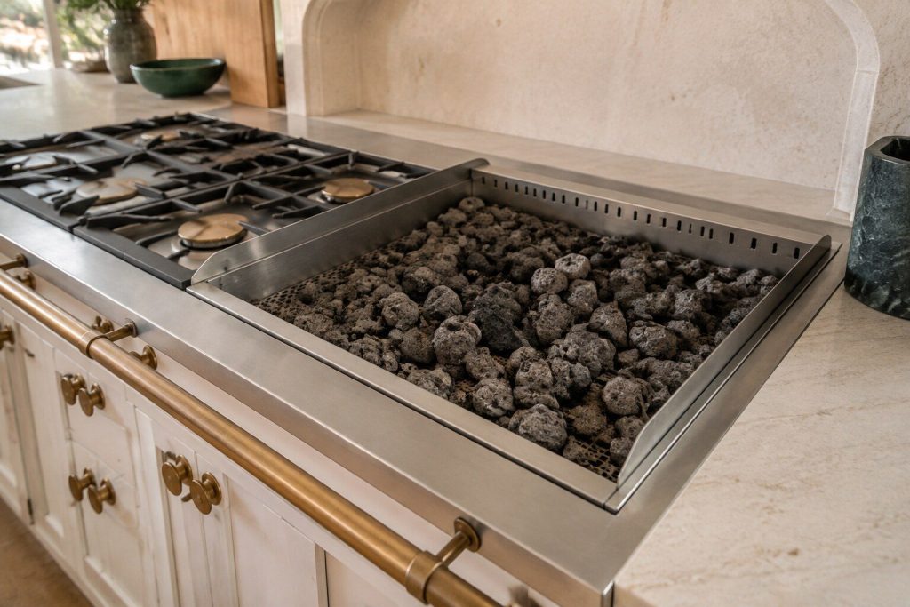 A bed of gray porous lava rocks in a stainless grill well, cold, unevenly heaped and dulled with old grease, no flame or glow anywhere beneath them.