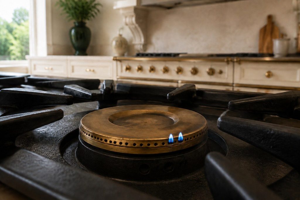 A brass burner crown where the flame has fallen back to two small tongues on one side and gone out everywhere else, photographed close at a shallow angle.