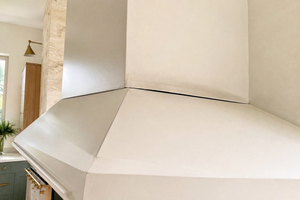 The joint where a hood canopy meets its chimney flue photographed close from below, a thin uneven gap open along one side and a faint smear of dust where the two pieces have been moving against each other.