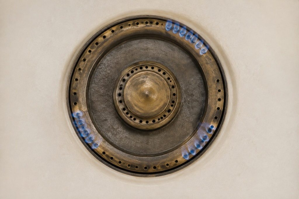 A burner ring seen straight down from directly above where about a third of the ports are burning weakly and the remainder are out, so the ring of blue is broken.