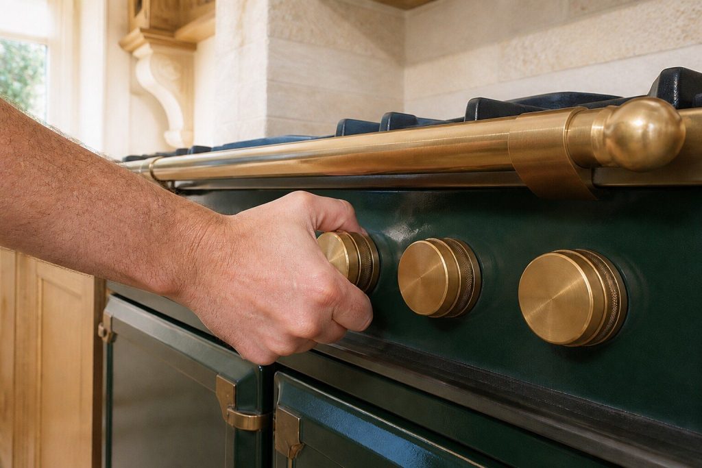 A hand gripping one round brass knob on the front rail of an enameled range hard enough to whiten the knuckles, photographed close in warm daylight.