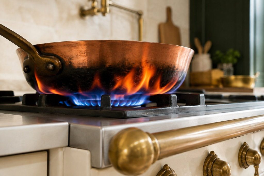 A burner flame burning tall and lazy with orange tips, licking up the side of a copper pan base that has gone matt black where the flame touches it.