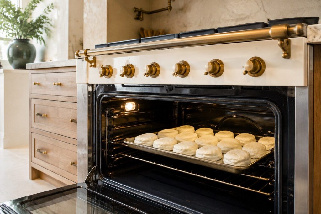 A baking tray of small scones on an oven shelf, risen but still pale and doughy on top with no color anywhere, seen through the open oven door in warm light.