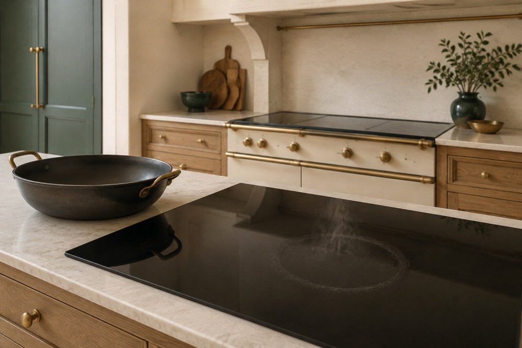A pan lifted away and set down on the counter beside a black ceramic hob whose surface is dark and blank, a faint ring of condensation where the pan stood and a wisp of steam still rising from it.