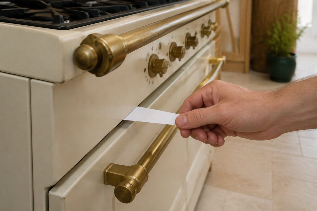 Fingers drawing a narrow strip of paper out from between a closed oven door and its frame with no resistance at all, the strip already half free.