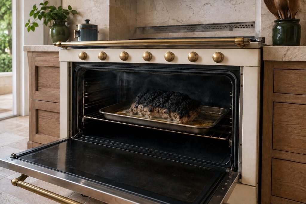 A roasting tray still on its shelf inside an oven holding a joint of meat charred black across the top while the fat around it is barely rendered, a thin haze of smoke in the cavity.