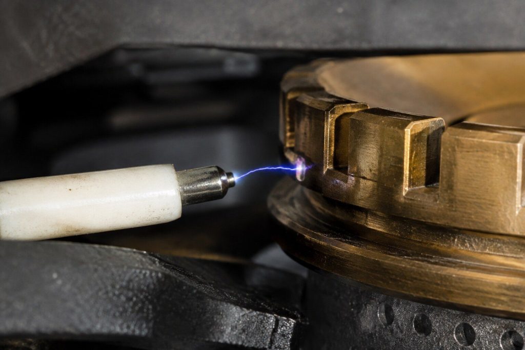 A very close view of the white ceramic ignition electrode beside a brass burner crown with a thin blue spark jumping from its tip to the metal, and no gas flame anywhere.