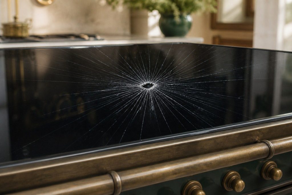 A star-shaped impact crack in a black ceramic cooking surface with fine lines radiating from a chipped center, photographed close and square on in daylight so the fracture catches the light.