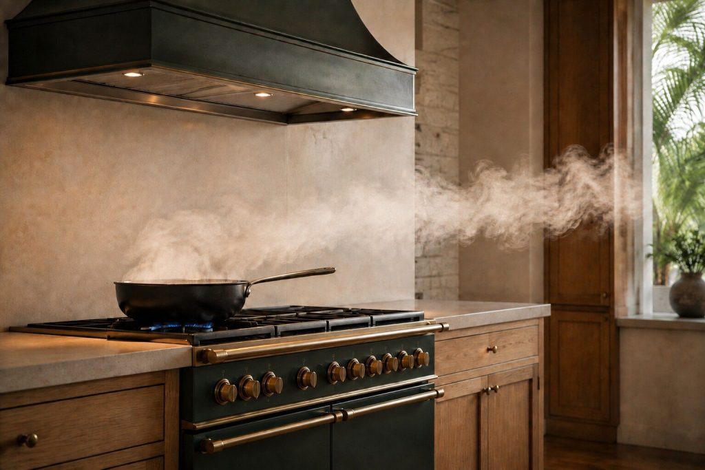 A pan steaming on a burner with the plume drifting sideways across the kitchen instead of rising, the hood canopy above it still and its lamps on.