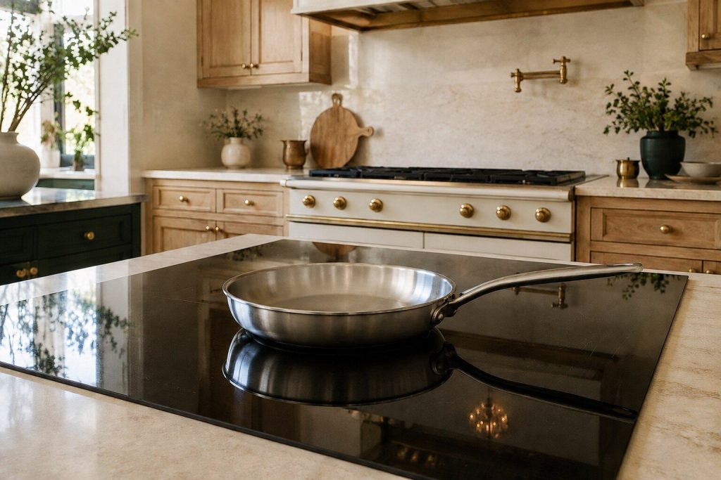 A flat steel pan standing on the black ceramic surface of an induction hob with nothing lit under or around it, the glass cool and reflecting the ceiling.