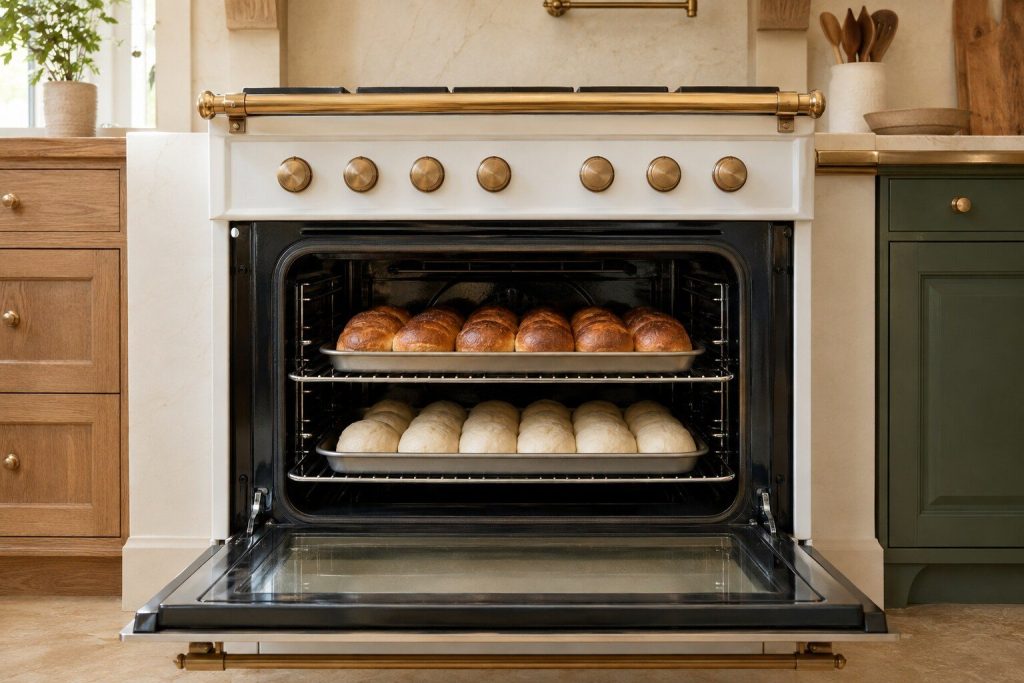 Two identical trays of bread rolls on two shelves of one open oven, the upper tray browned deep and the lower tray still pale, photographed square on through the door opening.
