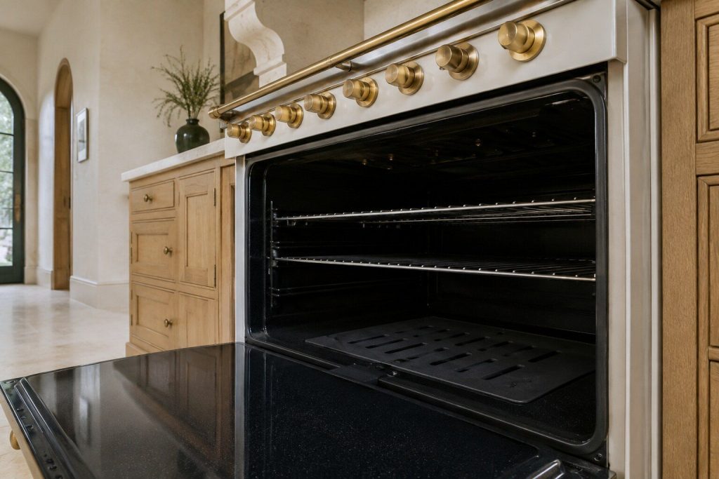 The slotted steel burner cover in the floor of an oven cavity seen through the open door, cold and dark with no flame in the slots, the shelves empty above it.